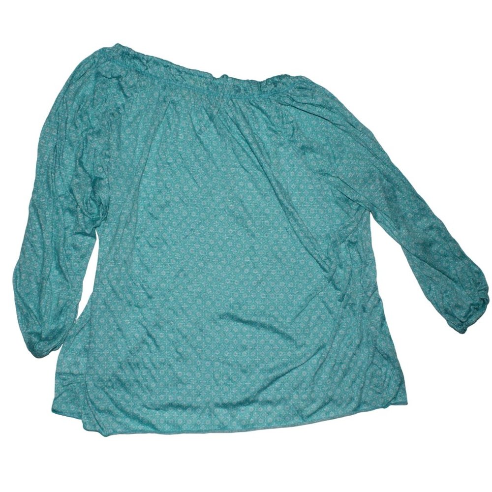 Faded Glory Sz XXL Teal Green Daisy Floral Design Tie Neck 3/4 Sleeve Tunic Top - Picture 2 of 6